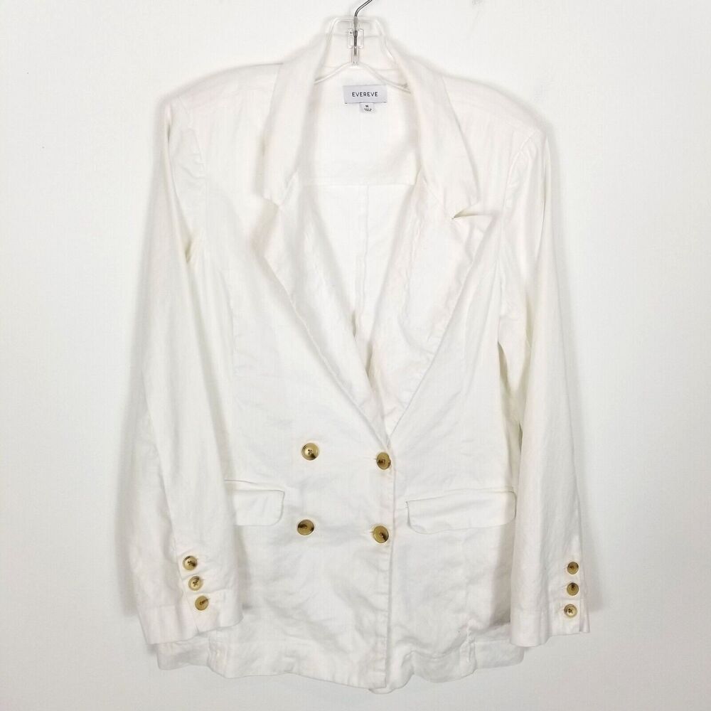 Evereve Women White Linen Blend Blazer Sz M Double Breasted Casual Preppy